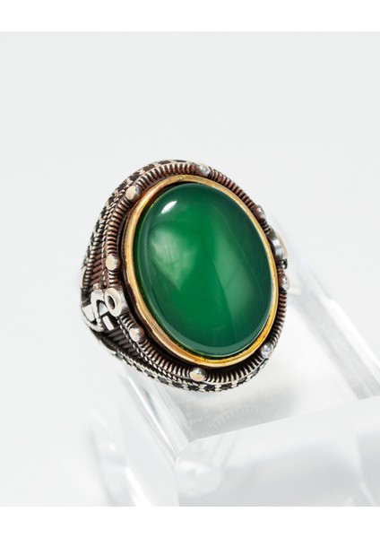 Motifli Yeşil Akik Taşlı 925 Ayar Gümüş Erkek Yüzük – Gücün ve Dengenin Sembolü fiyatları