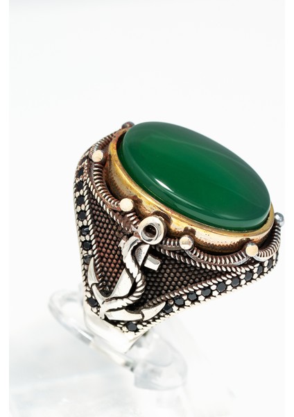 Motifli Yeşil Akik Taşlı 925 Ayar Gümüş Erkek Yüzük – Gücün ve Dengenin Sembolü modelleri