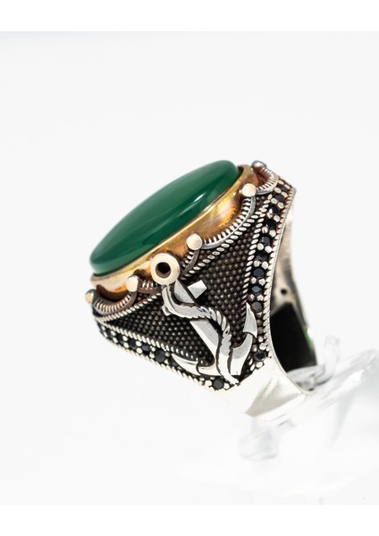 Motifli Yeşil Akik Taşlı 925 Ayar Gümüş Erkek Yüzük – Gücün ve Dengenin Sembolü fırsatları