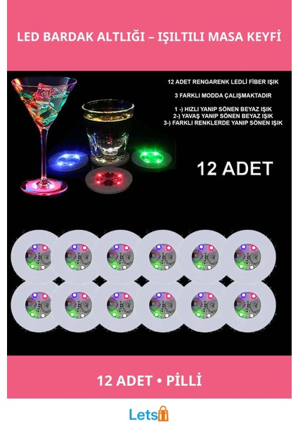 Renkli LED Işıklı Pilli Bardak Altlığı 12 Adet