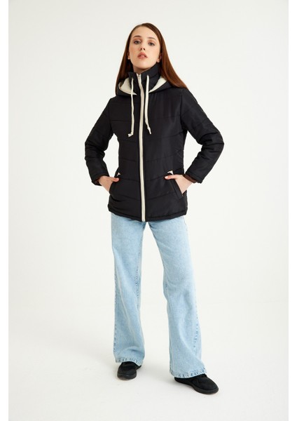 Günlük Şık Kapüşonlu Kışlık Kadın Şişme Mont