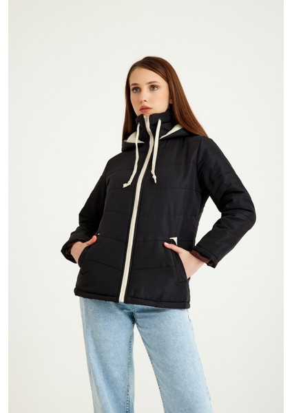 Günlük Şık Kapüşonlu Kışlık Kadın Şişme Mont