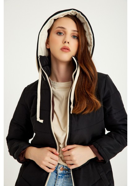 Günlük Şık Kapüşonlu Kışlık Kadın Şişme Mont