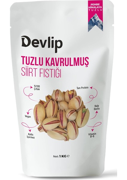 Devlip Pembe Himalaya Tuzlu Kavrulmuş Siirt Fıstığı, 1 Kg, Kilitli (Aç-Kapa) Ambalaj, VEGAN,%100 Çıtlak