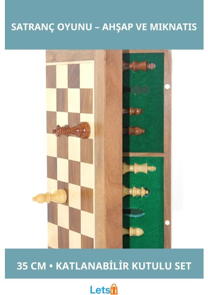 Mıknatıs Taşlı Ahşap Katlanabilir Satranç Oyunu 35 cm