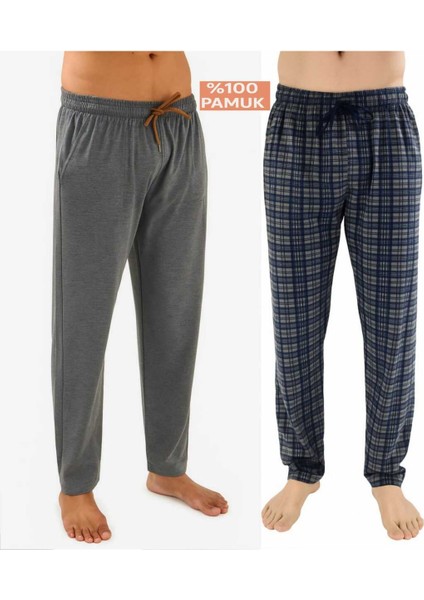 Erkek Pamuklu Antrasit Ekose & Antrasit 2'li Tek Alt Pijama - Mevsimlik Pijama Altı