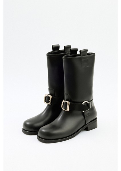 Çizme 2518 - Çift Tokalı Biker Siyah Kadın Çizme