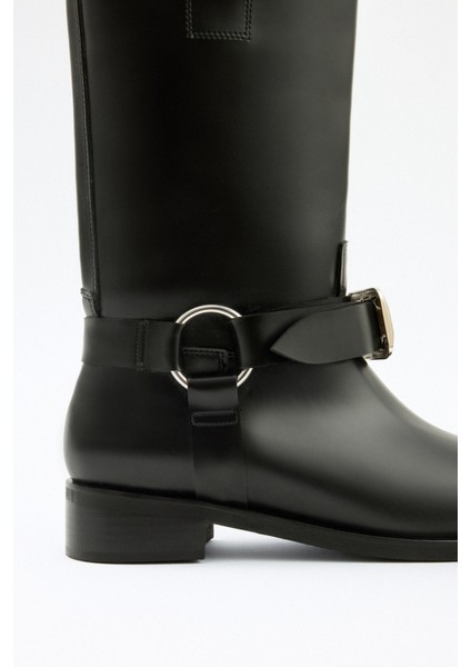 Çizme 2518 - Çift Tokalı Biker Siyah Kadın Çizme modelleri