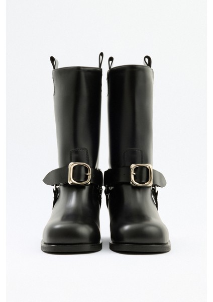 Çizme 2518 - Çift Tokalı Biker Siyah Kadın Çizme fırsatları