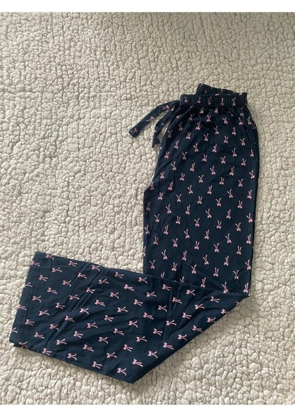 Bowtie Desenli Kadın Pijama Altı - Lacivert Renk Pembe Kelebek Desen Tek Alt Pijama