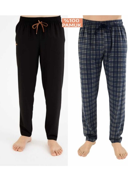 Erkek Pamuklu Antrasit Ekose & Siyah 2'li Tek Alt Pijama - Mevsimlik Pijama Altı