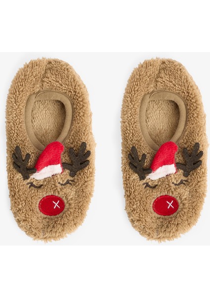 Açık Kahve Unisex Çocuk Geyikli Kaymaz Tabanlı Ev Patiği