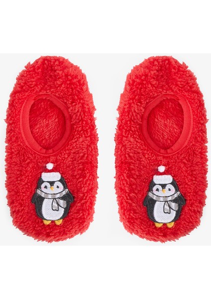 Uniseks Çocuk Kırmızı Penguen Desenli Kaymaz Tabanlı Ev Patiği