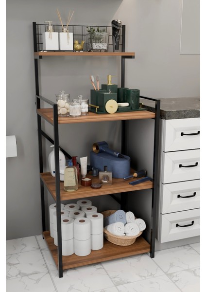 4 Katlı Banyo Rafı,metal Çerçeveli Ahşap Raflı Çok Amaçlı Organizer,temizlik Malzemesi Düzenleyici