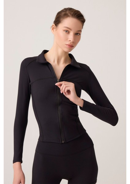 x Ece Siyah Fermuarlı Spor Ceket Collared