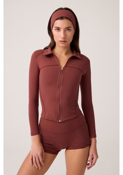 x Ece Bordo Fermuarlı Spor Ceket Collared