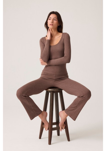 x Ece Kahverengi Modal Kumaşlı Uzun Kollu Eşofmanlı Pijama Takımı Ribbed Pj2