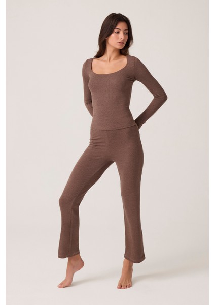 x Ece Kahverengi Modal Kumaşlı Uzun Kollu Eşofmanlı Pijama Takımı Ribbed Pj2