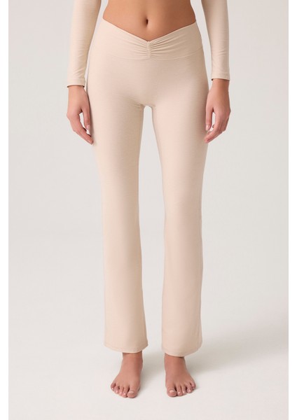 x Ece Bej Melanj Bel Detaylı Ispanyol Paça Pantolon Ruched & Flared