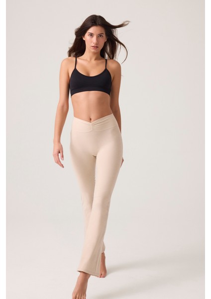 x Ece Bej Melanj Bel Detaylı Ispanyol Paça Pantolon Ruched & Flared