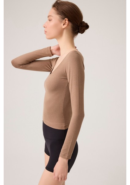 x Ece Mocha Melanj Uzun Kollu U Yaka Spor Bluz Scoop Neck Top indirimleri
