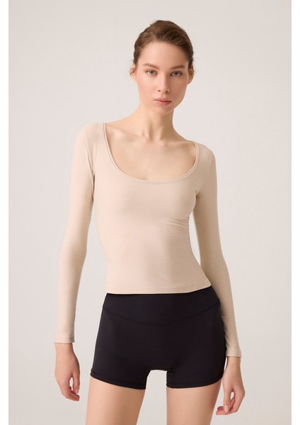 x Ece Bej Melanj Uzun Kollu U Yaka Spor Bluz Scoop Neck Top
