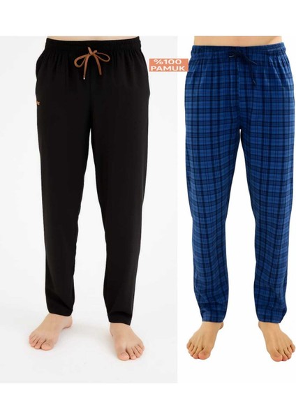 Erkek Pamuklu Indigo Ekose -Siyah 2'li Tek Alt Pijama - Mevsimlik Pijama Altı