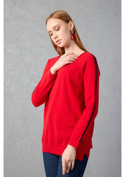 Kadın Kırmızı Reglan Kol Simli Detaylı Yuvarlak Yaka Triko Bluz modelleri