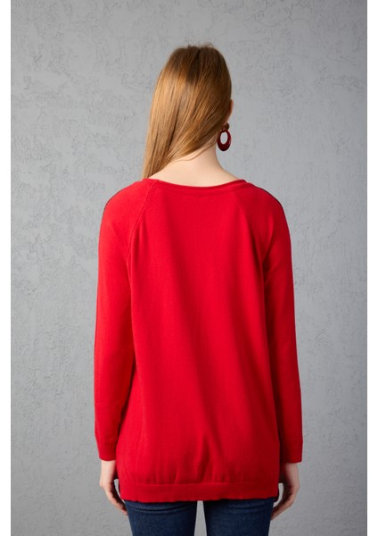 Kadın Kırmızı Reglan Kol Simli Detaylı Yuvarlak Yaka Triko Bluz indirimleri