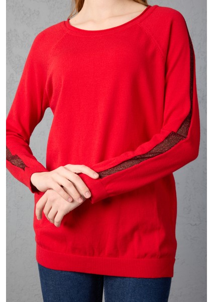 Kadın Kırmızı Reglan Kol Simli Detaylı Yuvarlak Yaka Triko Bluz