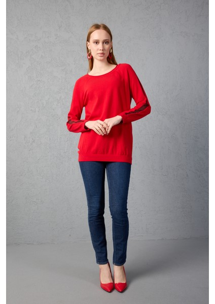 Kadın Kırmızı Reglan Kol Simli Detaylı Yuvarlak Yaka Triko Bluz