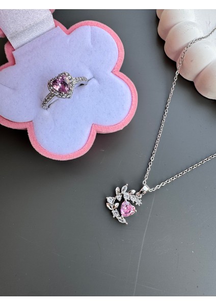 Pembe Özel Taşlı Kolye Yüzük Seti Çelik fiyatları