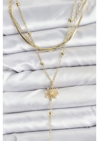 Pirinç Gold Renk Zirkon Taşlı Model Detaylı 3'lü Kombin Y Kadın Kolye