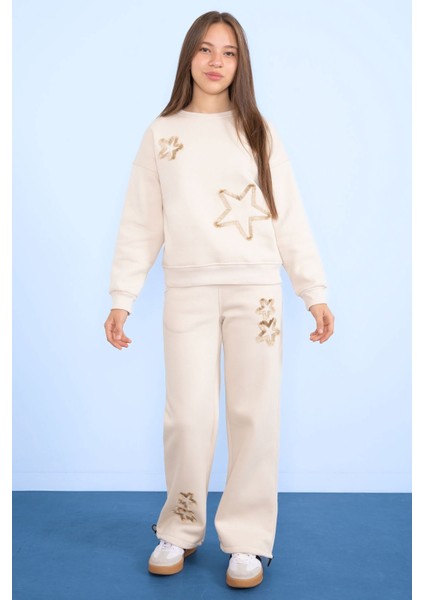 Krem Yıldız Desenli Geniş Paça Şardonlu Kız Çocuk Eşofman Takımı 23363