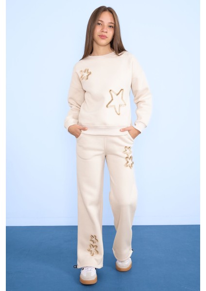 Krem Yıldız Desenli Geniş Paça Şardonlu Kız Çocuk Eşofman Takımı 23363 fiyatları