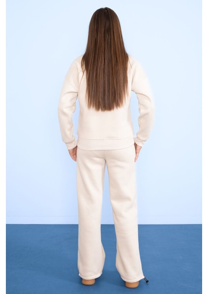 Krem Yıldız Desenli Geniş Paça Şardonlu Kız Çocuk Eşofman Takımı 23363 modelleri