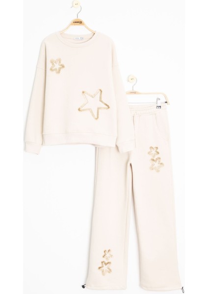 Krem Yıldız Desenli Geniş Paça Şardonlu Kız Çocuk Eşofman Takımı 23363 fırsatları