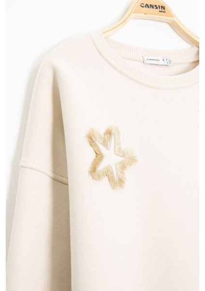 Krem Yıldız Desenli Geniş Paça Şardonlu Kız Çocuk Eşofman Takımı 23363 indirimleri