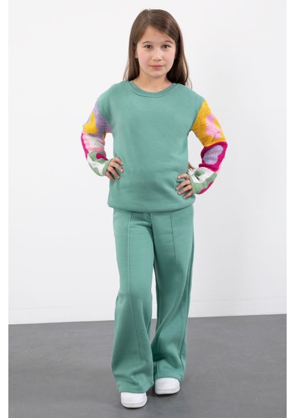 Yeşil Nakışlı Kolları Dantel Şardonlu Kız Çocuk Eşofman Takımı 23355 modelleri
