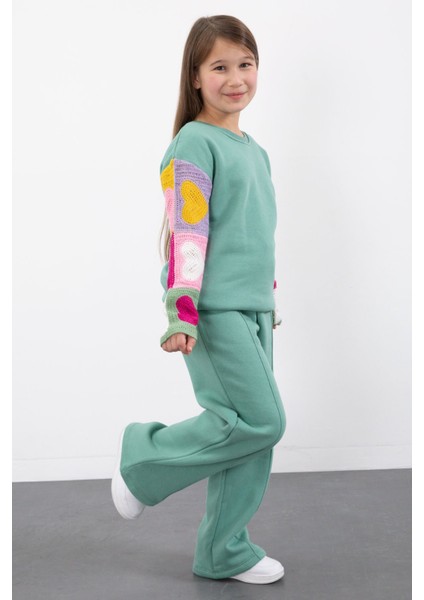 Yeşil Nakışlı Kolları Dantel Şardonlu Kız Çocuk Eşofman Takımı 23355 fırsatları