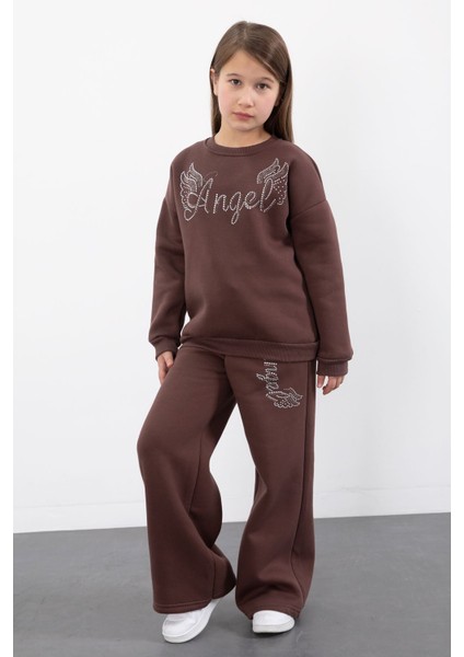 Kahverengi Kanatlı Angel Yazılı Kız Çocuk Şardonlu Eşofman Takımı 23346