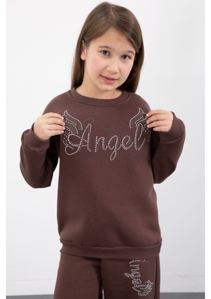 Kahverengi Kanatlı Angel Yazılı Kız Çocuk Şardonlu Eşofman Takımı 23346 modelleri