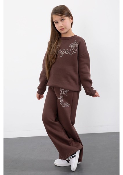 Kahverengi Kanatlı Angel Yazılı Kız Çocuk Şardonlu Eşofman Takımı 23346 fırsatları