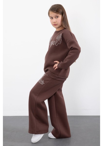 Kahverengi Kanatlı Angel Yazılı Kız Çocuk Şardonlu Eşofman Takımı 23346 indirimleri