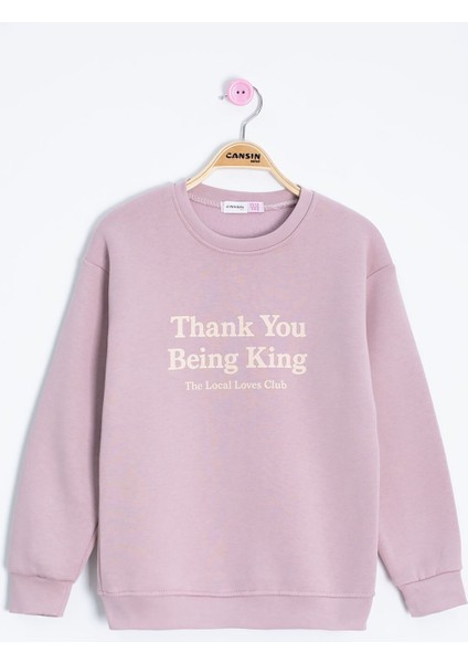 Gül Kurusu Yazı Baskılı Bisiklet Yaka Kız Çocuk Şardonlu Sweatshirt 23259