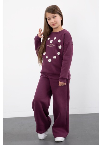 Mor Çiçek Nakışlı Şardonlu Kız Çocuk Geniş Paça Eşofman Takımı 23347