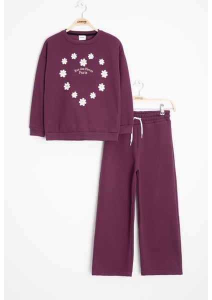 Mor Çiçek Nakışlı Şardonlu Kız Çocuk Geniş Paça Eşofman Takımı 23347 fiyatları