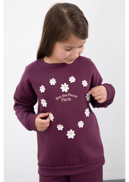 Mor Çiçek Nakışlı Şardonlu Kız Çocuk Geniş Paça Eşofman Takımı 23347 modelleri