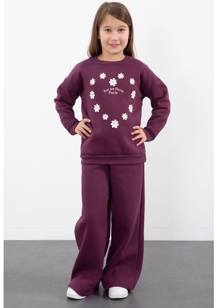 Mor Çiçek Nakışlı Şardonlu Kız Çocuk Geniş Paça Eşofman Takımı 23347 fırsatları