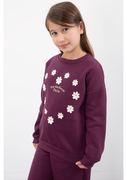 Mor Çiçek Nakışlı Şardonlu Kız Çocuk Geniş Paça Eşofman Takımı 23347 indirimleri